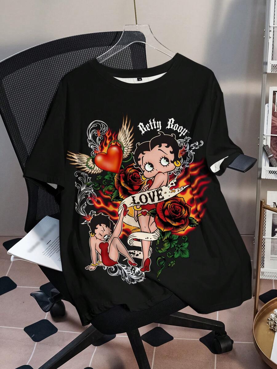 Betty Boop x SHEIN Plus Size Summer Casual Letter & Cartoon Figure Graphic Round Neck Short Sleeve T-Shirt Women Graphic Shirts Woman S Cartoon  Cartoon Graphic Tee Woman Graphic Tees - White - View 1