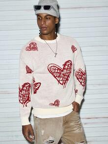 Modcrash 男士休闲圆领心形图案针织毛衣，欧美风格，适合秋冬季穿着 - 杏色 - 查看 6