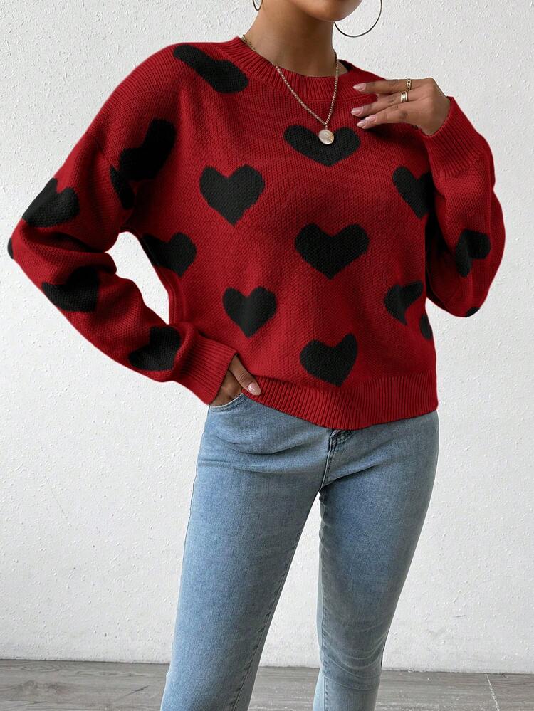 SHEIN LUNE Heart Pattern Dropped Shoulder Crew Neck Loose Knit Pullover Sweater - Multicolor - View 7