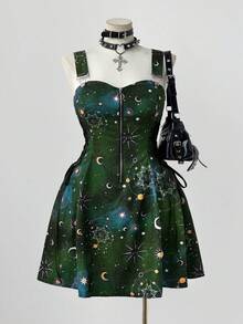 Sunspun 新款时尚百搭假日梦幻星空印花拼接荷叶边系带腰部装饰拉链前开襟中长吊带连衣裙 - 墨綠色 - 查看 8