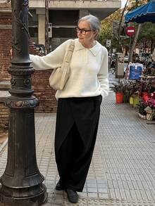 Vivie Lora Women's Loose Fit Turndown Collar Ribbed Knit Cardigan Sweater - White - View 6
