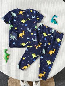 SHEIN 婴儿男女童贴身夜光恐龙印花短袖长裤两件套睡衣 - 灰色 - 查看 2