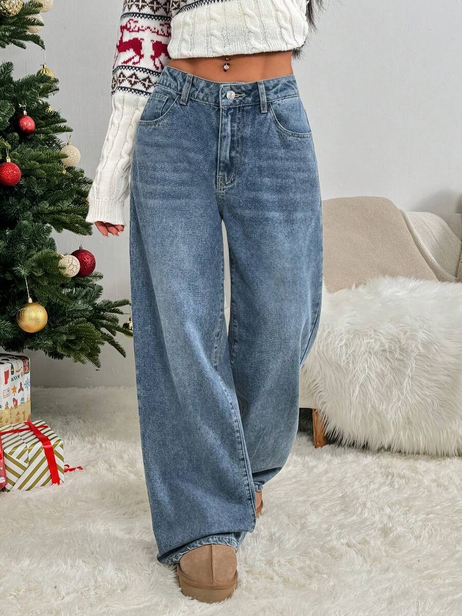 SHEIN PETITE Women's Pocket Loose Wide Leg Casual Versatile Denim Pants - Medium Wash - View 1