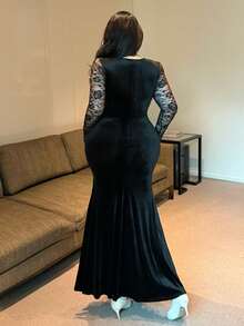 Flirla 大码女士优雅性感丝绒镂空蕾丝高开衩鱼尾长裙，秋冬款 - 黑色 - 查看 2