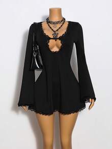 SHEIN Unity Women's Black Lace Patchwork Dress - Black - View 3