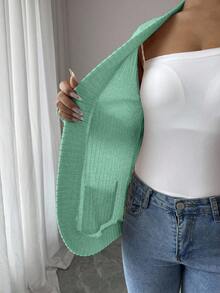 EMERY ROSE 女士休闲罗纹拉绒开襟侧袋夹克，轻薄薄荷绿外套 - 綠色 - 查看 7