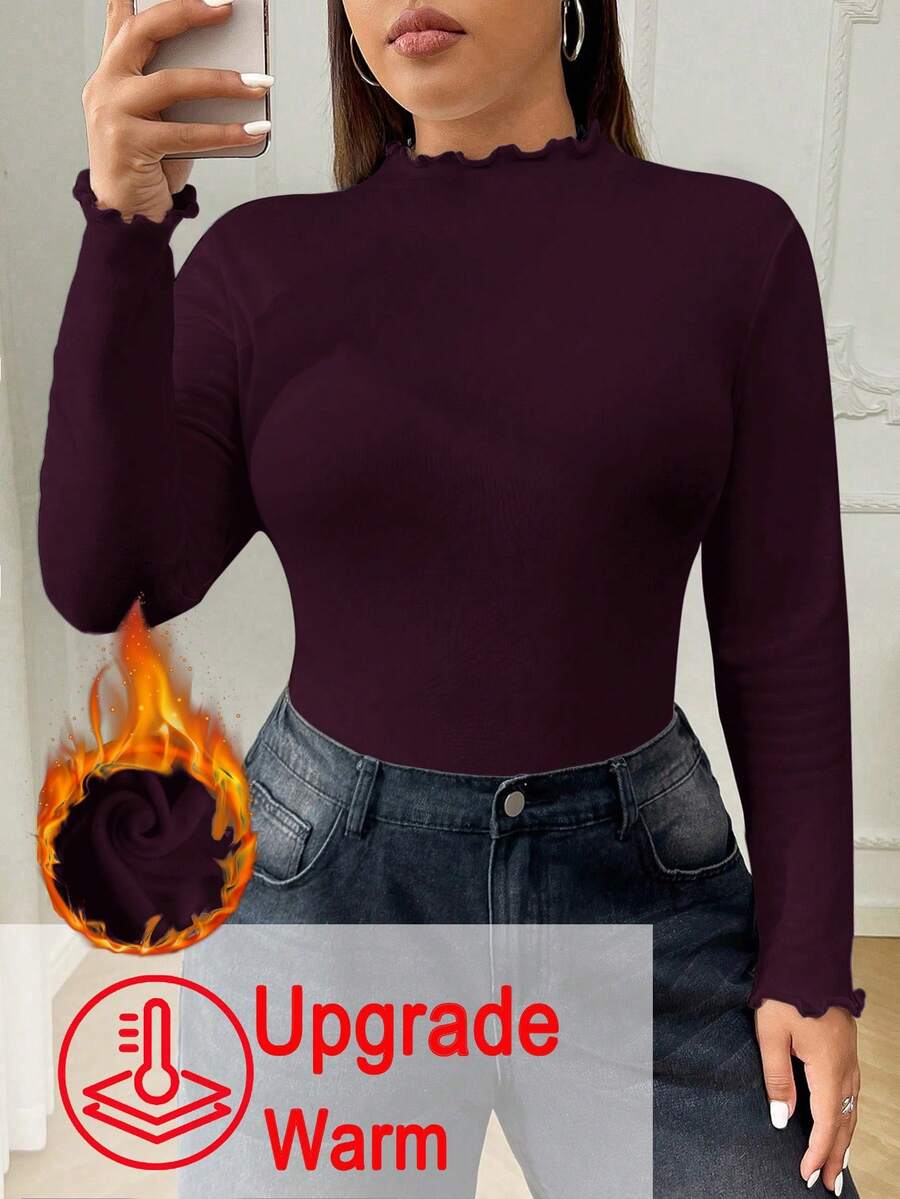 SHEIN EZwear Maglietta a manica lunga aderente con collo alto, termica e imbottita, adatta per l'autunno/inverno, disponibile in taglie comode - Viola rosso - Visualizzare 1
