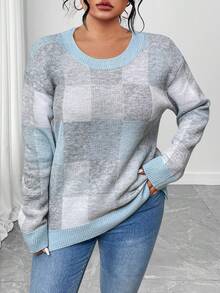 EMERY ROSE Plus Size Elegant Color Block Plaid Crew Neck Long Sleeve Sweater - Blue - View 6