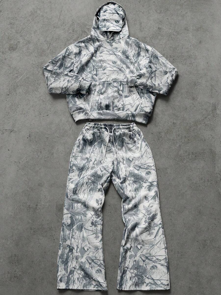 Manfinity EMRG 男士流行街头风格 INS 时尚仿生迷彩户外探险露营连帽卫衣，日常穿着，男友/丈夫礼物，周年纪念礼物，男士连帽衫和裤子套装，男士艺术裤，男士街头两件套，男士图案裤，2000 年代风格 - 彩色 - 查看 1