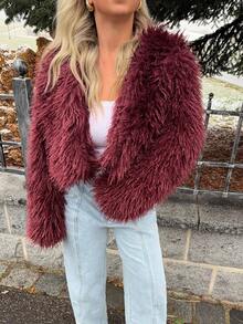 Jeta Ari 女士时尚性感短款仿皮草大衣，秋冬新品 - 酒紅色 - 查看 3