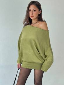 Aloruh 芥末绿不对称肩部长袖针织修身迷你连衣裙 - 綠色 - 查看 3