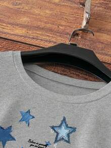 INAWLY EZwear Casual T-Shirt, Star And Letter Graphic, Suitable For Women, Elastic Round Neck Short Sleeve Graphic Tees Women Tops - Grey - View 3