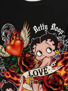 Betty Boop x SHEIN Plus Size Summer Casual Letter & Cartoon Figure Graphic Round Neck Short Sleeve T-Shirt Women Graphic Shirts Woman S Cartoon  Cartoon Graphic Tee Woman Graphic Tees - White - View 4