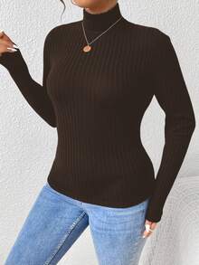 SHEIN Frenchy Camiseta de gola alta canelada plus size de cor sólida, casual para outono/inverno, blusa canelada marrom, blusa básica, blusa de manga comprida, blusa de gola alta marrom, blusa básica com forro duplo, blusa marrom charmosa. - Castanho - Ver 3