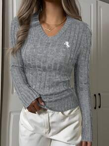 SHEIN EZwear 女士纯色V领长袖简约毛衣，休闲日常穿着，长袖上衣，秋冬季校园上衣 - 灰色 - 查看 4
