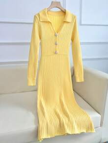 GlowEve Autumn/Winter New Casual Fashionable Exquisite Elegant Luxury Polo Collar Long Sleeve Ribbed Rhinestone Button Knitted Dress - Light Yellow - View 3