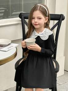 Elladie kids Young Girls Chic Sweet School Style White Lace Trim Round Neck Casual Minimalist Black Dress Girls Spring Autumn French Style Dress Girl School Dress Girl Black Elegant Dress Girls Collared Dress - Black - View 5