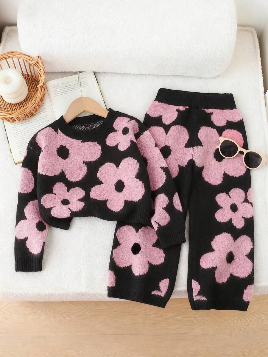 SHEIN Playful Pals 新款时尚百搭可爱碎花针织毛衣和宽松裤子两件套,适合年轻女孩 - 珊瑚粉 - 查看 1