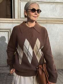 Vivie Lora Áo len họa tiết kim cương chắp vá màu sắc rộng rãi dành cho nữ - màu nâu - Xem 1