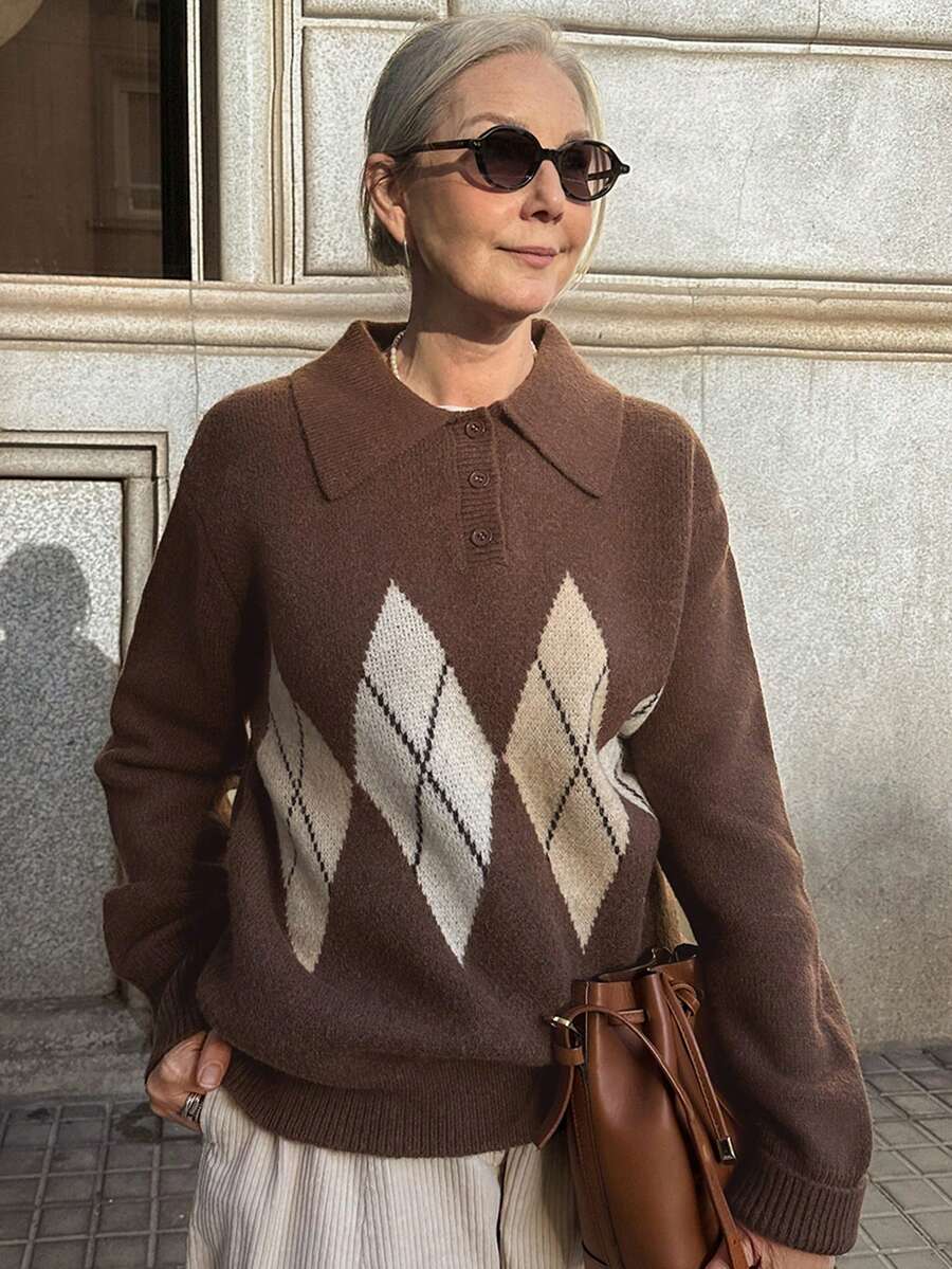 Vivie Lora Áo len họa tiết kim cương chắp vá màu sắc rộng rãi dành cho nữ - màu nâu - Xem 1