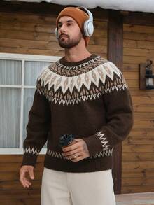 DAZY Men's Vintage Floral Jacquard Thick Crew Neck Sweater, Autumn/Winter - Multicolor - View 6