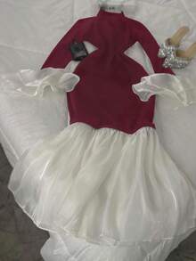 Airaco Plus Size Women's Stand Collar Flare Sleeve Contrast Color Fish Tail Hem Elegant Dress - Burgundy - View 4