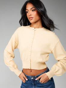 MISSGUIDED 女士短款纽扣开衫，泡泡袖，收腰针织毛衣，适合秋冬季叠穿 - 黃色 - 查看 3