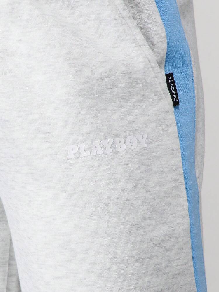 Missguided x Playboy Pantaloni da donna a gamba ampia e rilassata con vita con cordoncino, dettaglio a righe laterali, pantaloni della tuta casual per il tempo libero, comodi per l'uso quotidiano