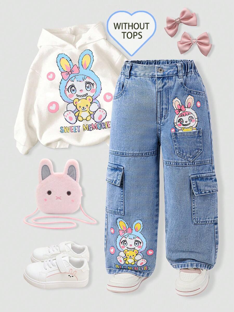 SHEIN ChillGRL 1条少女兔子印花工装牛仔直筒裤,复古街头风甜美时尚休闲校园日常推荐!蓝粉相间的兔子印花可爱俏皮,多口袋设计甜美时尚!浅蓝色水洗直筒宽松版型,舒适百搭,适合日常出行、度假、校园生活或与朋友聚会,一年四季都是你衣橱里的必备单品! - 中等水洗藍 - 查看 1