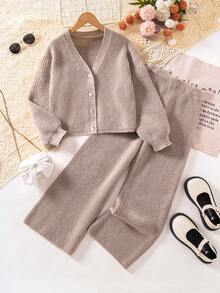 Tween GirlsTextured Knit Sweater & Leggings 2-Piece Set, Casual Outfit For Autumn/Winter