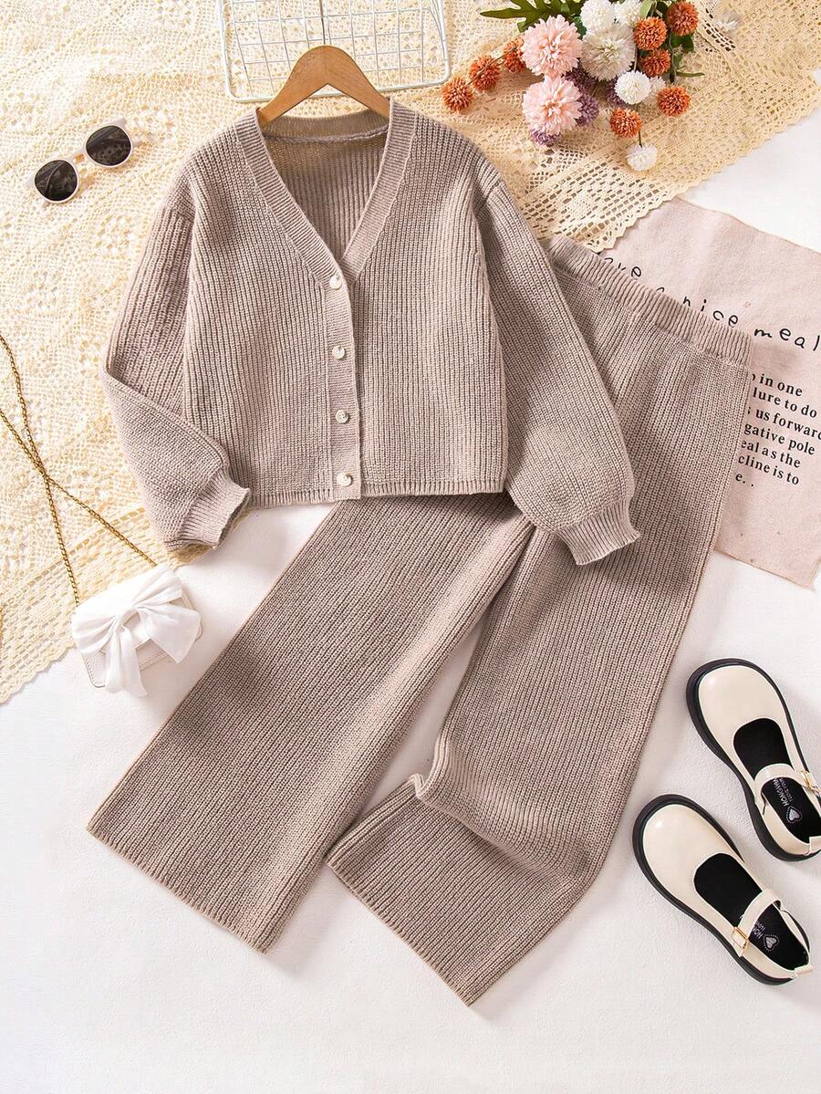 Tween GirlsTextured Knit Sweater & Leggings 2-Piece Set, Casual Outfit For Autumn/Winter