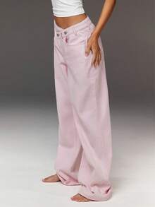 Athîral Women's Casual Asymmetrical Waistband Pink Wide-Leg Jeans, Street Retro Style Trousers, H-Line Silhouette, Pink, Valentine's Day,Vacation - Pink - View 4