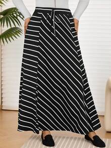 EMERY ROSE Plus Size Women Waist Tie Casual Striped A-Line Midi Skirt, Thanksgiving For Women, Autumn/Winter,2025 New - Black and White - View 6