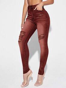 SHEIN Essnce Women's Casual Distressed Skinny Fit Denim Jeans - Coffee Brown - View 7
