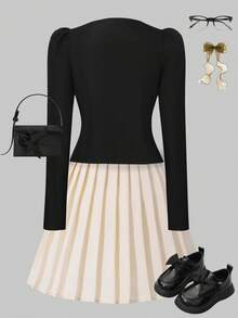 Sparklyn Conjunto de blusa para niñas, blusa negra combinada con falda plisada rosa, decoración floral 3D, estilo elegante para primavera/otoño - Champán - Ver 2