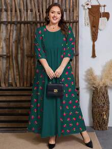 SHEIN Najma رمضان فستان متوسط الطول مطبوع رقميًا بنقشات زهرية ونباتية مع خصر مجعد وذيل مفرود، بأكمام طويلة وياقة مستديرة للمرأة ذات الحجم الكبير - متعدد الألوان - مشاهدة 3