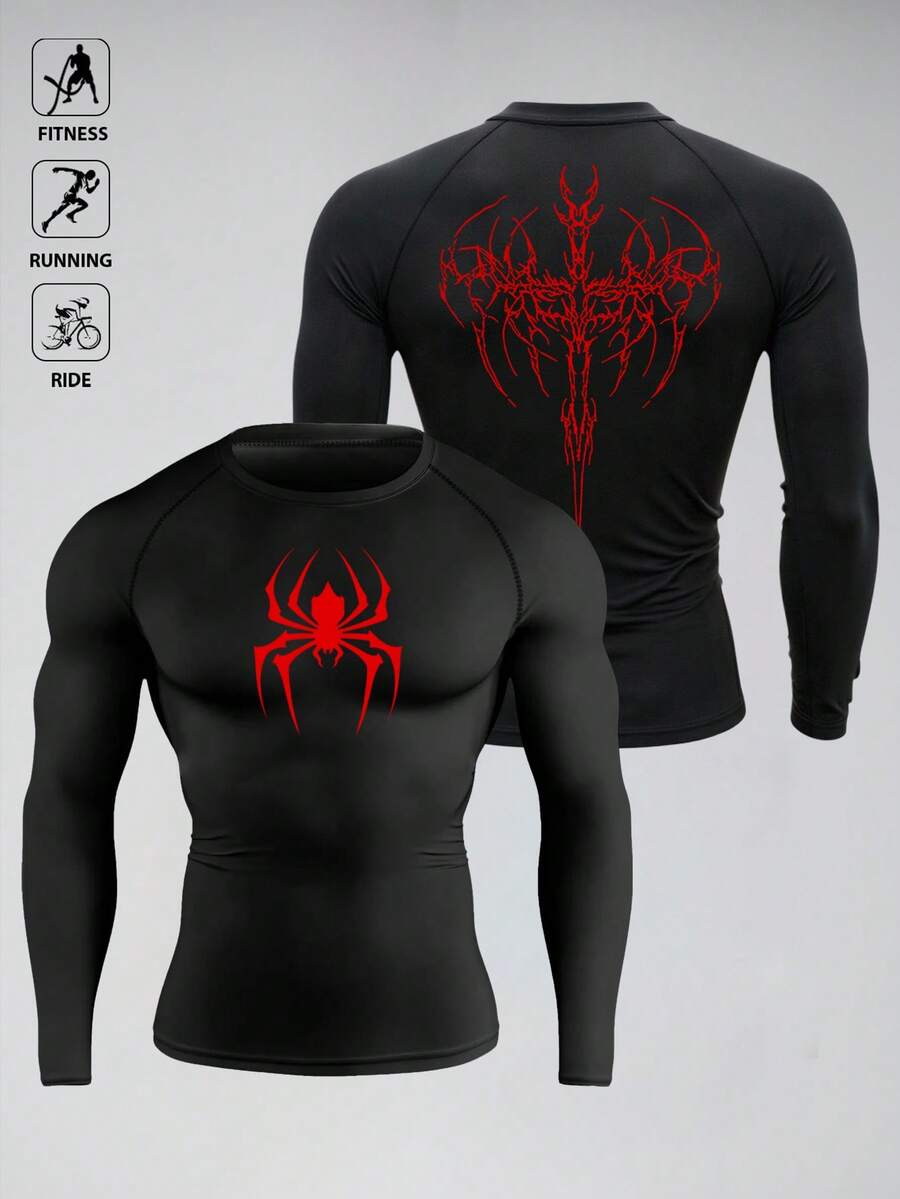 RISE LYT 男士蜘蛛印花圆领插肩长袖修身运动T恤压缩衣 - 黑色 - 查看 1