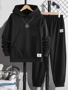 SHEIN Vacaura 2件套青少年连帽不对称拼接设计藏蓝色口袋卫衣和休闲运动裤，春秋季 - 黑色 - 查看 4