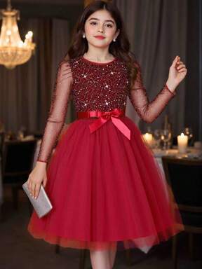 Elladie kids Mädchen elegantes vintage Rüschen-Ärmel Rundhals Taille geraffte Weihnachts-rotes Mesh-Kleid, geeignet für Feiertage wie Halloween, Weihnachten, Neujahr, Frühling & Herbst