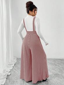 Elenzga 大码千鸟格印花针织面料双排扣长裤，配有真正开口口袋，高腰喇叭裤腿连体裤，优雅百搭，适合外出、约会、聚会等场合，也可作为休闲通勤背带裤穿着。 - 酒紅色 - 查看 2