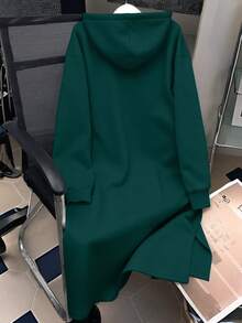 Resyla Women's Fleece Drop Shoulder Hooded Dress With Drawstring And New York Letter Print , Long Sleeve Sweathirt Graphic Outfit - Dark Green - View 2