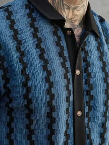 Manfinity CasualCool 男士休闲撞色条纹短袖衬衫，夏季男士钩针衬衫蓝色纽扣衬衫，男士短袖纽扣衬衫，男士复古衬衫 - 藍色 - 查看 3