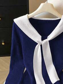 Resyla Women's Casual Minimalist Sailor Collar Long Sleeve Knit Sweater, Autumn/Winter - Navy Blue - View 3