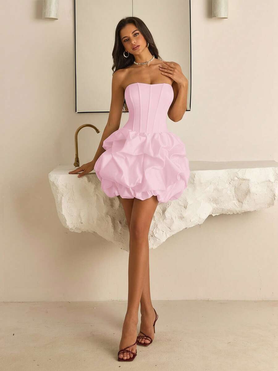 Vowa Elegant Brown Minimalist Strapless Fish Tail Ruffle Low Waist Princess Dress, Suitable For Dates, Vacations, Singles' Parties, Birthdays, Proms, Graduations, Galas, And Dances - Pink - View 1