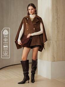 Aveloria Women's Wool Blend Triple Button Small Collar Cape With Slant Pockets, Daily Commute Jacket - Coffee Brown - View 2