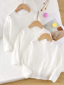女童打底衫，圆领长袖，蕾丝边修身款，白色，四季皆宜，2026新年必备，百搭舒适，保暖又可爱 - 白色 - 查看 3