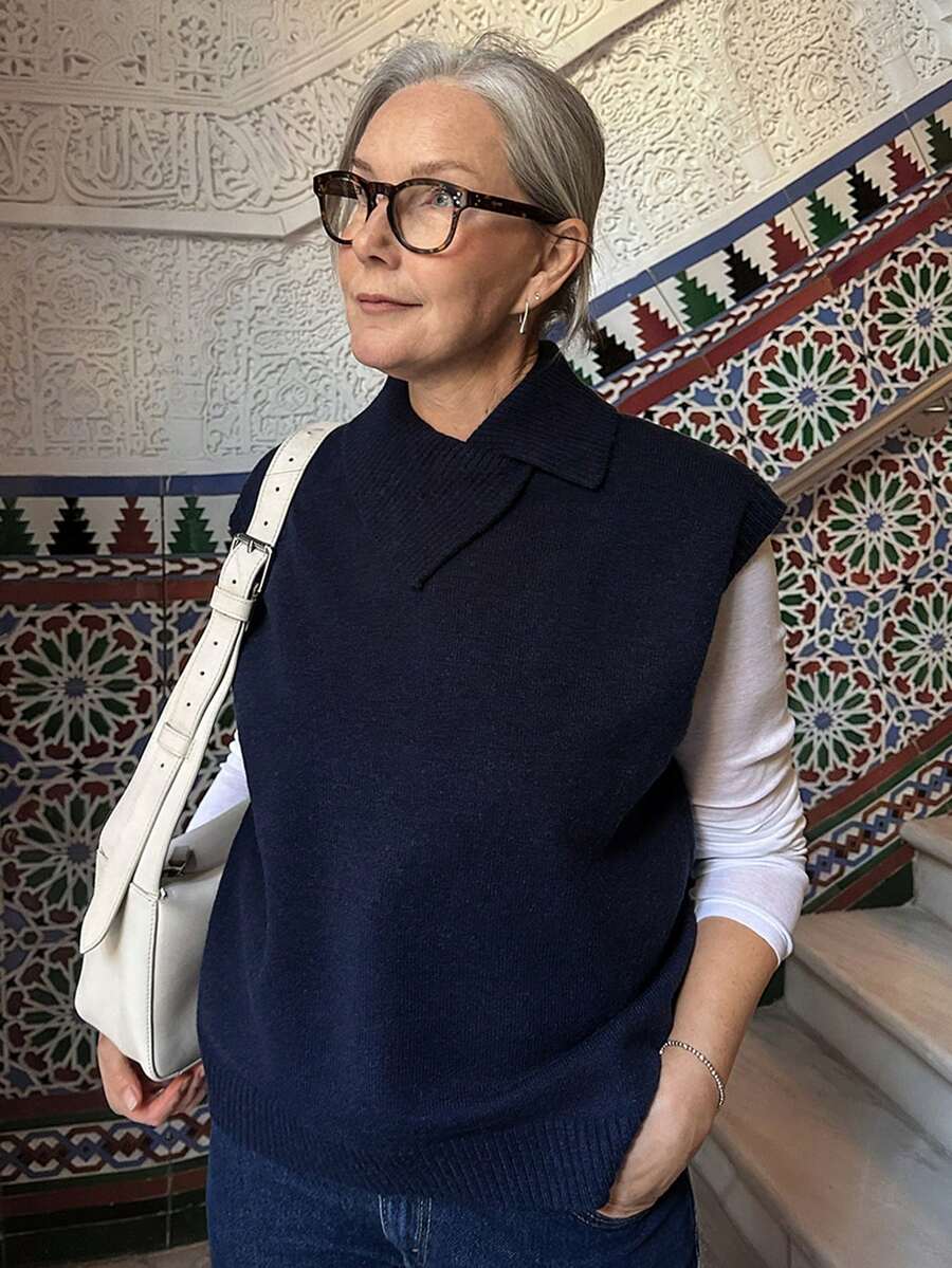 Vivie Lora Suéter de punto ajustado sin mangas con cuello para mujer - Gris - Ver 1