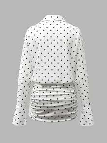 Cévolie Váy sơ mi mini dáng rộng xếp ly họa tiết chấm bi cổ điển thanh lịch dành cho nữ năm 2025, Xuân/Thu - Đen và trắng - Xem 2