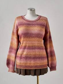 Sunspun Plus Size Women Ombre Striped Long Sleeve Pullover Sweater, Street Fashion, Autumn/Winter - Orange - View 3