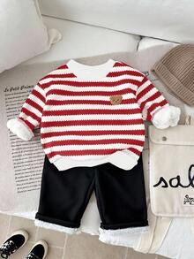 LMoss Kids 男婴条纹圆领卫衣长裤两件套，保暖加厚，秋冬季 - 紅色 - 查看 3